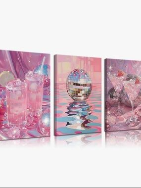 Pink Disco Ball Triptych Wall Art - Home Wall Decor